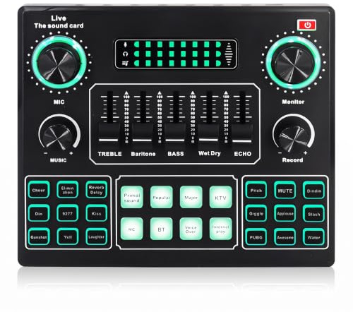 Bewinner Voice Changer Soundkarte, Quad Sound Mixer Board mit 12 Soundeffekten, Live Soundkarte für DJ Mixer, Music Studio Recording, Kompatibel mit Handy, PC, Computer