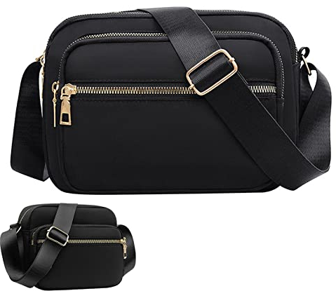 KEYRI Borsa a Tracolla da Donna in Nylon con 4 Scomparti Capienti, Borsetta Spalla Crossbody Bag, impermeabile per Shopping Viaggio Sacchetto Borsello (Nero)