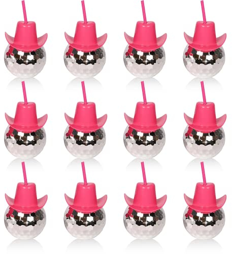 ZHURUININ 12Pcs Disco Ball Pink Cowgirl Hat Cups with Straws Cowboy Western Party Supplies, Let’s Go Girls Single Girl Party Supplies (12 PCS)…