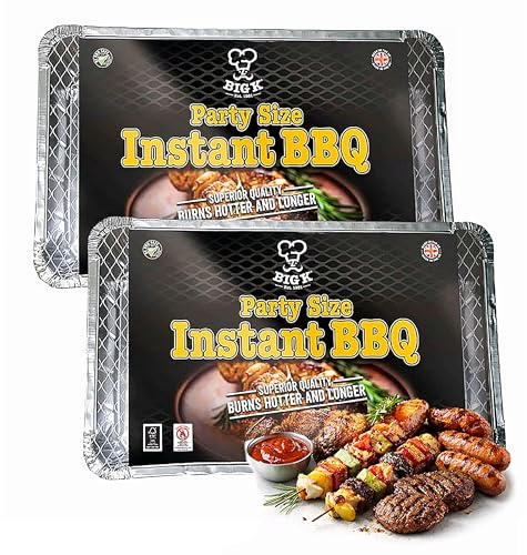Big K Disposable Instant BBQ Tray Bundle - Pack of 2 Party Size All In One Barbecue Instant Light Charcoal Grill Trays with Topline Card. Ideal for Garden BBQ, Camping, Outdoor Party, Picnics.