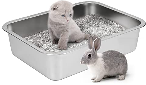 IKITCHEN Große Katzentoilette Edelstahl(40×30×10cm), Litter Box Katzenklo, Katzen und Kaninchen Metall klo, Niemals Gerüche, Fleckfrei, Rostfrei, Antihaft Glatte Oberfläche, Anti-Rutsch Gummiboden