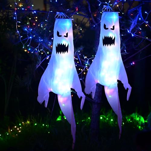 Maxee 3 Stück Halloween Beleuchten Geisterform Windsack Flagge Extra mit 3 Stück 3m Bunte Lichterketten, Halloween-Hängedekoration für Hof, Garten, Terrasse, Weg, Party, Spukhaus