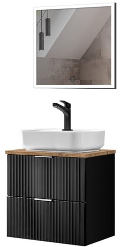 Lomadox Waschplatz Set, 61cm breit, mit LED-Spiegel, gerillte Front, matt schwarz mit Eiche Nb. (1 LED-Spiegel, 1 Waschtisch mit Aufsatzbecken)