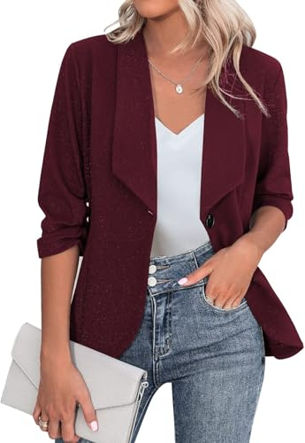 Zeagoo Dam blazer elegant 3/4-ärm business långblazer, smal passform, kavaj, vardagligt arbete, kavaj, kostym S–3XL, Vinröd, L