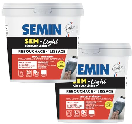 SEMIN SEM-LIGHT Enduit Léger de Rebouchage et Lissage –2 x 10 L – Sans Retrait, Séchage Rapide – Réparation Trous et Fissures – Intérieur Murs et Plafonds – Blanc Mat Prêt à l'Emploi