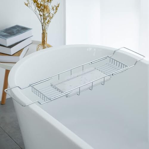 BadewannenregalBadezimmer Teleskop-AblageBadewannenregal, Silberne Badewannenablage + weißer Marmor