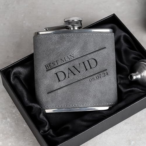 Personalised Hip Flask | Engraved Stainless Steel Whisky Flask 6oz Pocket Flask | Custom Gift for Best Man Groomsman Father Wedding Birthday Christmas | Hand Finished in UK (Grey PU Leather)