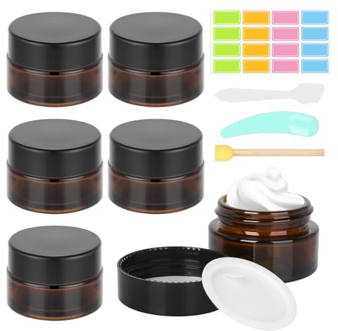 6 Pack Amber Glass Jars, 20ml Empty Cosmetic Jars with Lids Small Bottles Sample Pots Refillable Travel Pots with White Liners Spatula Sponge Brush for Cosmetics, Powder, Lotion, Creams