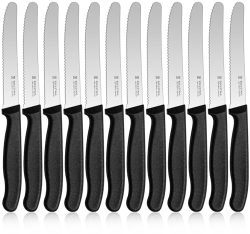 targzier Schwarzes Frühstücksmesser 12 Stück, Brotmesser Wellenschliff,Hochwertige Tomatenmesser aus Edelstahl,Scharfe Besteck Messer Set,Kunststoffgriff Tafelmesser Set&Spülmaschinenfest