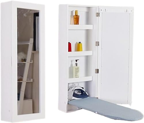 Tabla de planchar para montar en la pared, tabla de planchar plegable, con espejo de maquillaje y taquilla para un fácil almacenamiento, fácil de encoger y usar de gama alta (color: blanco)