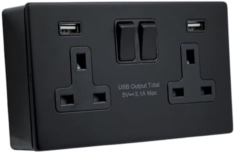 SHP ELECTRICAL® Screwless Matt Black Metal 2 Gang 13A Switched Socket and 25mm Surface Mount Pattress Box FASTCHARGE 15W USB Ports (2 Gang USB Socket (Type A) + Back Box)