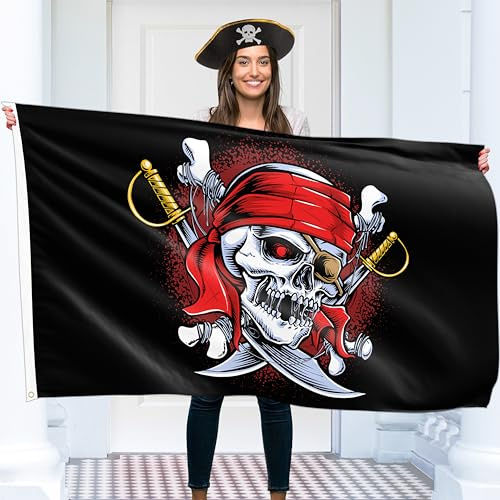 Drapeau pirate KASKANA 90 x 150 cm avec œillets - Grand drapeau pirate pour enfants - Impression numérique vivante - Drapeau Jolly Roger - Double couture