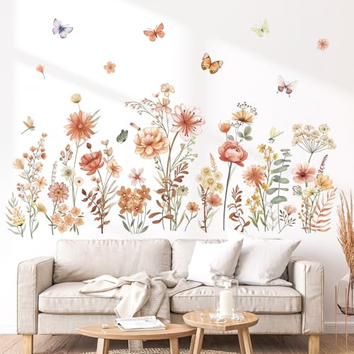 wondever Wandtattoo Blumen Boho Wandaufkleber Wildblumen Gras Schmetterlinge Wandsticker Wanddeko für Schlafzimmer Wohnzimmer Sofa Hintergrund