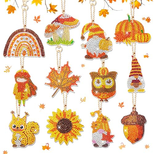 LYLIDIA 12 Stück Diamond Painting Herbst Doppelseitige Anhänger DIY Kit | Diamond Painting Schlüsselanhänger, Herbst Wichtel Diamont Painting, Diamant Malerei Hängend Deko Herbstdeko Geschenk