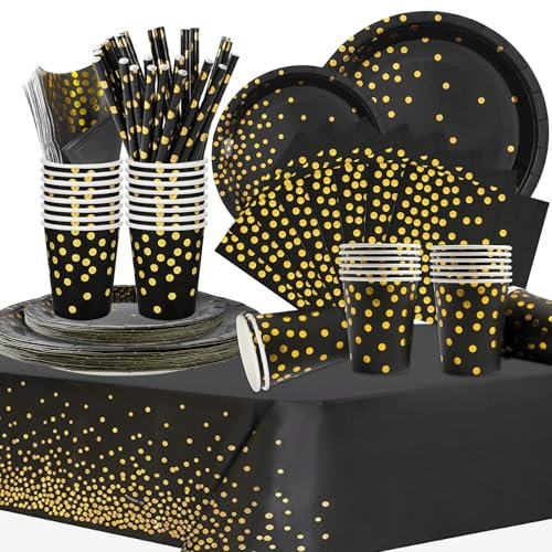 COLANANA Party Supplies,Party Tableware Set,Black Gold Birthday Decorations Contain Plates Tablecloth Cups Napkins Paper Straws for Baby Shower Birthday Wedding Partys Anniversary(16 Guests)