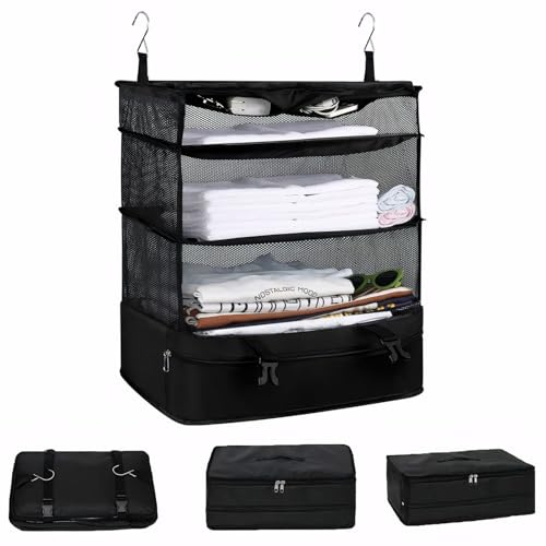 Accmuzzy Hängender Koffer Organizer Groß,Platzsparender Kofferorganizer, Faltbarer Reise Organizer,Dreischichtiger Kleiderschrank Organizer Hängend für Kleiderschrank und Reisen,44x28x63cm