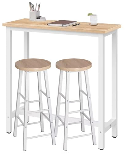 WOLTU Bartisch Set mit 2 Barhockern, 3-teilige Essgruppe mit Küchenstühlen, Esstisch & 2 Hockern aus Metall & Holz für Küchen Wohnzimmer, Hell Eiche