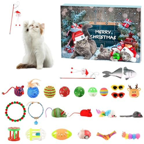 Skeadex Adventskalender für Katzen, 12/24 Stück Interaktives Katzenspielzeug Katzenhalsbänder Katzenbälle Mäuse Fisch, 24-tägige Countdown Geschenke für Weihnachten für Katzen (24pcs)