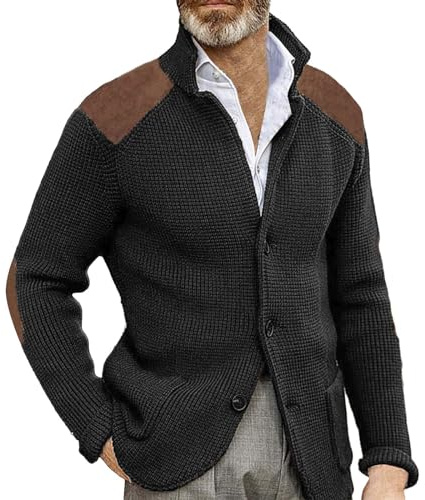 Strickjacke für Herren UK – einfarbig, lange Ärmel, grobes Oberteil mit Ellenbogen-Patches, Schalkragen, Strickjacke, Jacken, schmale Passform, Vintage-Pullover mit Knopfleiste, mit Tasche,