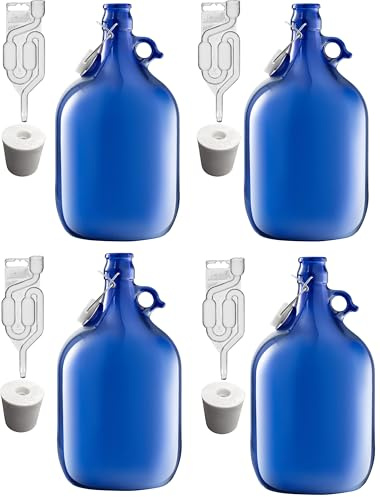 lilawelt24 5L Premium Blaue Flasche +STOPFEN +GÄRRÖHRCHEN|GÄRBALLON Weinballon Glasballon Weinflasche| Weinset Gärbehälter/brauen/Wein Machen/Glasflasche (4X Set 5L Bügelflasche+STOPFEN +GÄRRÖHRCHEN)