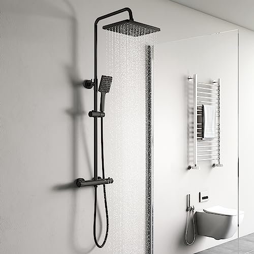 YOOZENA Duscharmatur Schwarz, Duschsystem mit Thermostat, 26x19cm Kopfbrause, Duschkopf mit Schlauch und Halterung, Regendusche mit armatur, Duschset