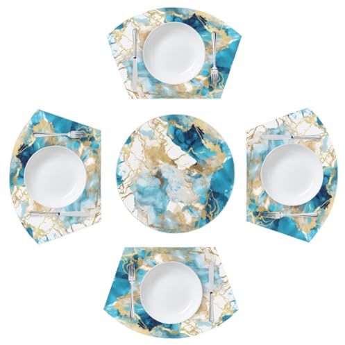 Mexpekil Teal Golden Marble Placemats Set of 4 for Round Table Wedge Place Mats with Centerpiece Heat Resistant Washable Plate Mats for Kitchen (5 Pcs)