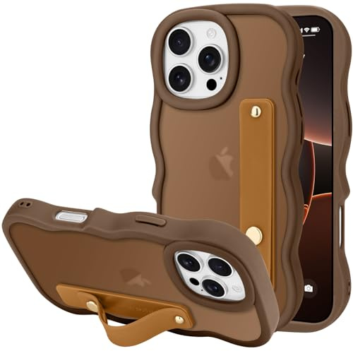 LLZ.COQUE for iPhone 16 Pro Max Case, Curly Wave Frame with Adjustable Hand Strap Stand Phone Case, Translucent Matte Back Anti-scratch Shockproof Bumper Cover for iPhone 16 Pro Max, Gold