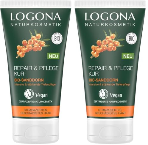 LOGONA Naturkosmetik Repair & Pflege Kur Bio-Sanddorn, Intesive Pflege für trockenes, Geschädigtes Haar, Reapriert, 150 ml (Packung mit 2)