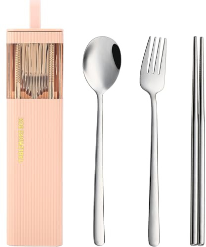 DEVICO Ustensiles de voyage avec étui, en acier inoxydable 18/8 réutilisable pour boîte à déjeuner, ensemble de couverts portables, ensemble fourchette et cuillère pour camping, déjeuner, pique-nique