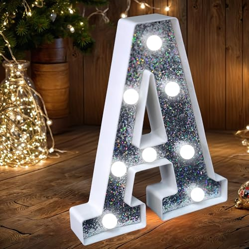LED-Leuchtbuchstaben für Festzelt – Silberne Glitzer-Leuchtbuchstaben, batteriebetrieben, Nachtbeleuchtung für Geburtstagsfeier, Hochzeit, Heimdekoration, Babyparty (A
