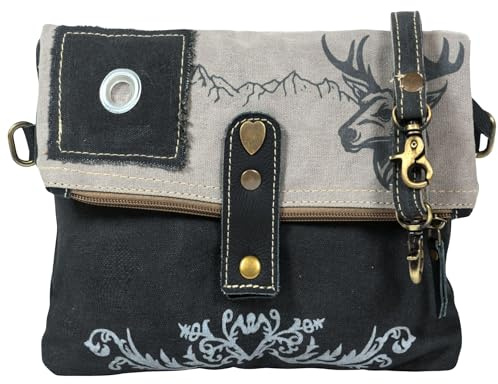 Domelo kleine Trachtentasche/Hirsch Aufdruck. Schwarz/grau Dirndltasche | Tasche mit Trachtenmotiv bedruckt, Mini Oktoberfest Umhängetasche, Trachten Vintage Stil Crossbody bag. Canvas Schultertasche