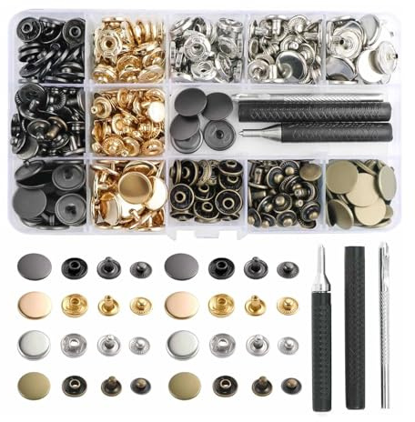 ComPDCVD 100Set Corchetes de Presión Metálicos 15mm Botones de Presión Remaches de Cuero 4 Colores Botones Automáticos Kit de Herramienta de Botón Snap Metal para Ropa Jeans Bolsos Cuero DIY Artesanía