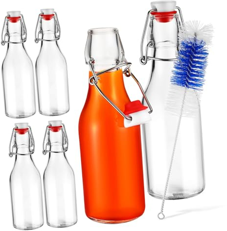 SOLUSTRE 6 Piezas Botellas de Vidrio con Tapa Abatible Fugas y Cepillo para Limpieza Recipientes Herméticos para Bebidas Frías y Carbonatadas para Camping y Picnic