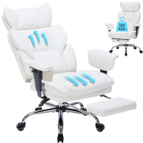 Chefsessel mit hoher Rückenlehne, Bürostuhl Ergonomischer mit Verstellbaren Armlehnen, Katzenkratzleder Bürostühle mit Fußstütze und Verstellbaren Armlehnen, Drehstuhl mit 120KG Belastbarkeit, Weiß