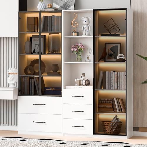 Rosebibi 140 × 40 × 160 cm – Libreria e armadio multifunzione con scomparti in vetro e aperti, cerniere a chiusura delicata, vetrina in vetro antipolvere, libreria (bianco, 140 × 40 × 160 cm)