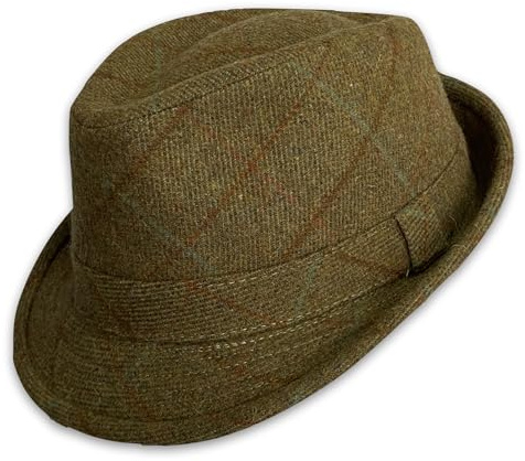 PJ Powell Green Tweed Trilby Wool Mix Satin Lined (UK, Alpha, L, Dark Green)