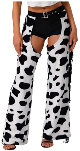 Eandarui Womens Cowboy Chaps Cow Print Trousers Costume Halloween 60s 70s Outfit Hippie Western Cosplay Outfits