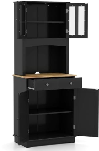 COSTWAY 170cm Tall Kitchen Cupboard, Buffet Pantry Storage Cabinet with Rubber Wood Countertop, Tempered Glass Doors, Adjustable Shelves & 2 Drawers, Dining Room Wooden Sideboard Organizer (Black)