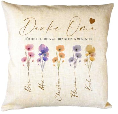 Manufaktur Liebevoll Personalisiertes Kissen mit Namen Dankeschön Oma Geschenk für Omi Großmutter – Familienkissen mit Aquarellblumen, Geschenk Familie (Danke Oma)