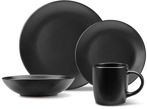 VonShef Dinner Set for 4, 16 Piece Plate & Bowl Set, Plate Set with 28cm Diameter Dinner Dish, 21cm Side Dish, 16cm Bowls & Mugs, Matte Black Dishwasher & Microwave Safe Tableware