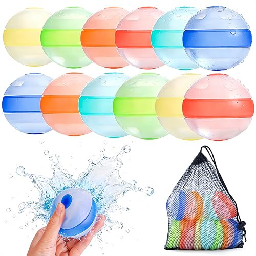 12 Stück Wasserbomben Wiederverwendbar, Wasserbomben Selbstschließend mit Netzbeutel, Eine Sekunde Schnellfüller Wasserballons für Sommer, Schwimmbad, Garten, Strand, Poolparty