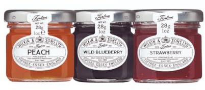 Kit Wilkin & Sons Strawberry Wild Blueberry Peach Fragole Mirtilli Selvatici Pesca 24 Vasetti Vetro da 28 g