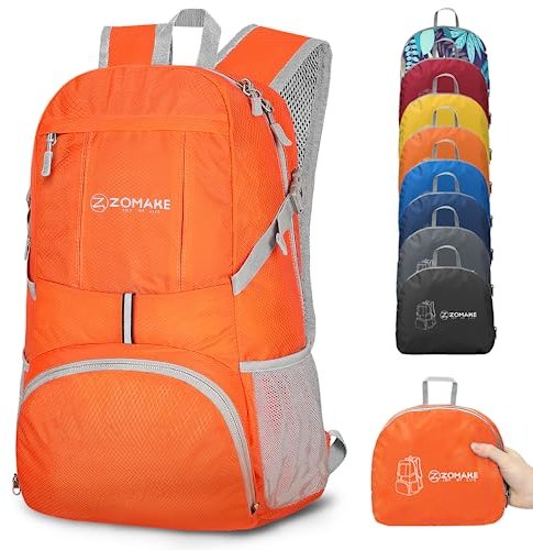 ZOMAKE 35L Leicht Faltbarer Rucksack Packbare Backpacks,Kleiner Rucksäcke Wanderrucksack Wasserdicht für Damen Herren Outdoor Wandern(Orange)