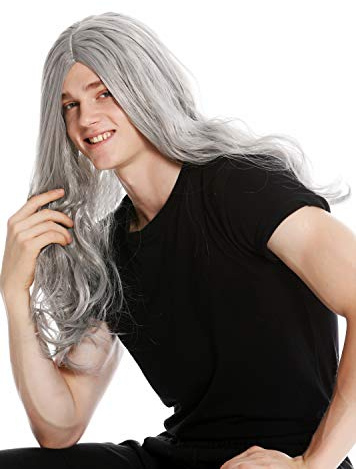 WIG ME UP - LM-155-ZA68E Perücke Herren Damen lang wild Mittelscheitel Heavy Metal alter Rocker Hippie grau