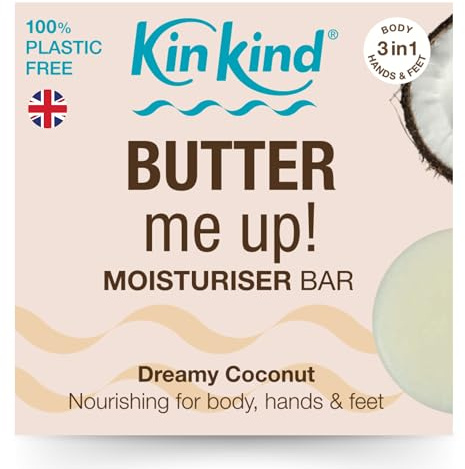 KinKind BUTTER Me Up Body Lotion Moisturiser Bar with nourishing cocoa seed butter. Plastic free & Vegan. The ultimate all-in-one moisturiser bar for body, hands and feet.
