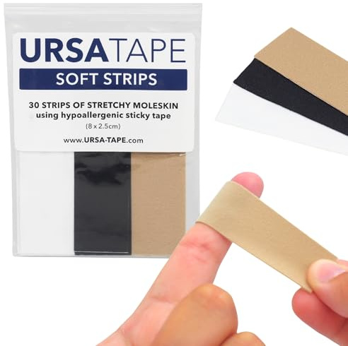 URSA Tape Soft Strips, Moleskin Fabric Tape - Pack of 12 (Multi-Colour) | Stretchy, Heavy-Duty Blister Prevention Strips, No-Residue Bandages for Feet & Body, Adhesive Padding, 8 x 2.5cm