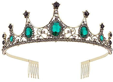 Vofler Gold Schwarz Tiara Krone mit Smaragd - Barock Vintage Kristall Grün Strass Stirnband für Frauen Königin Lady Mädchen Braut Prinzessin Geburtstag Hochzeit Festzug Halloween Kostüm Party mit Kamm