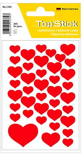 TopStick 1339 klistermärken för barn hjärtan (200 sticker, papper, matt) självhäftande klistermärken för bröllop, presenter, födelsedagar, brev, alla hjärtans dag, kärlek, scrapbooking, dekoration