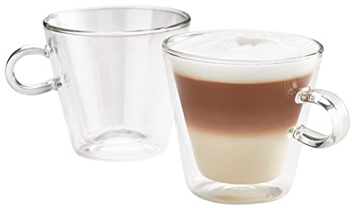Judge Duo Flare Set of 2 Latte Glass Coffee Cups with Handle, Hollow Vacuum Sealed, Hand Made Heat Resistant, 325ml Latte Cup