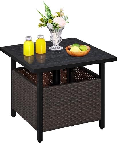 Yaheetech Rattan Outdoor Coffee Table, PE Patio Wicker Bistro Side Table with Umbrella Hole, All Weather Garden Furniture Set for Balcony, Backyard, 55.5 x 55.5 x 47cm, Max Load 120kg, Brown & Black